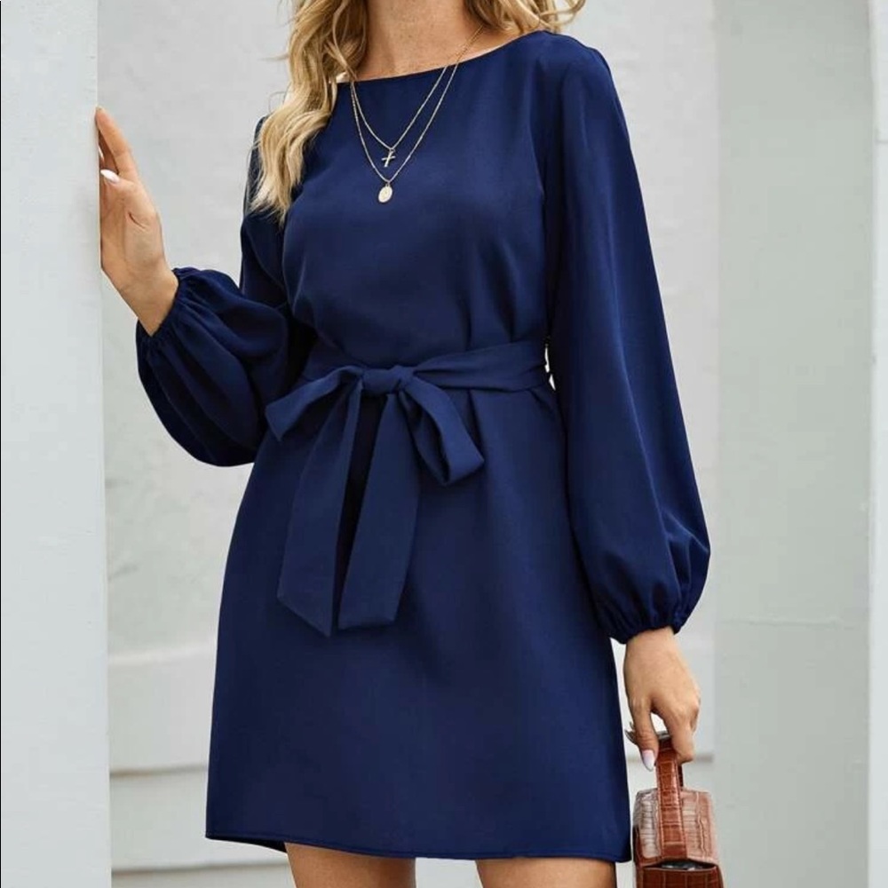 Bishop long sleeve belted dress navy blue - Picture 1 of 8